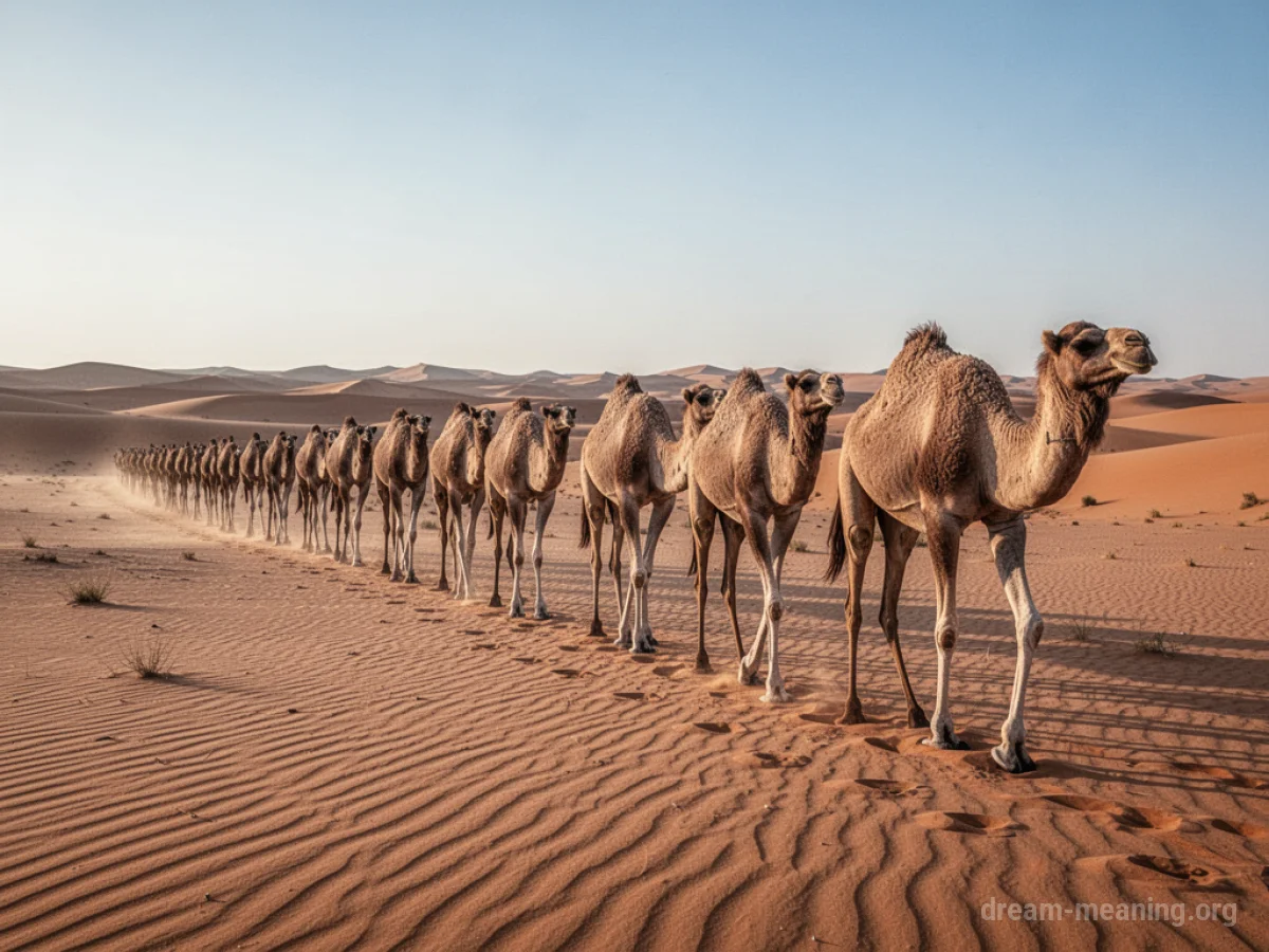 A line of camels traversing a desert.