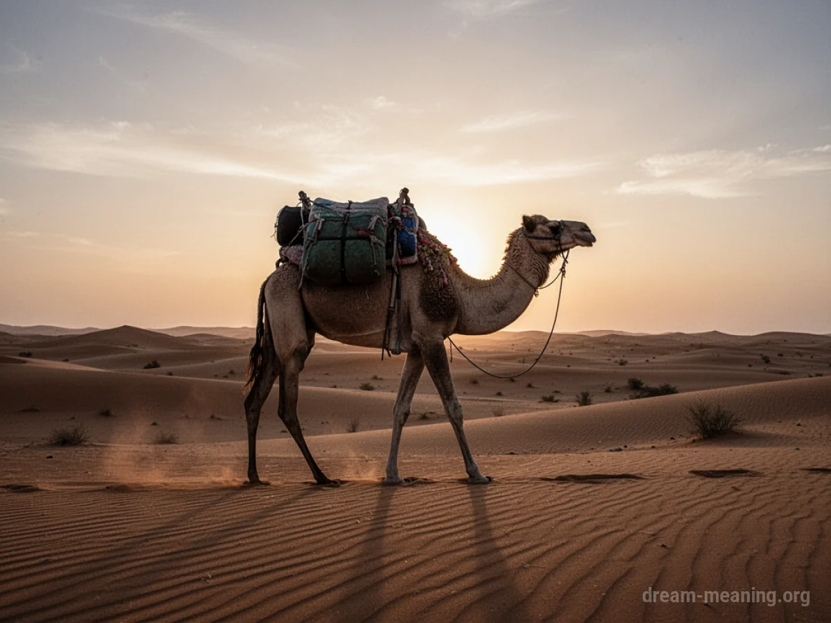 Silhouette of a camel with packs on its back walking in a desert at sunset.