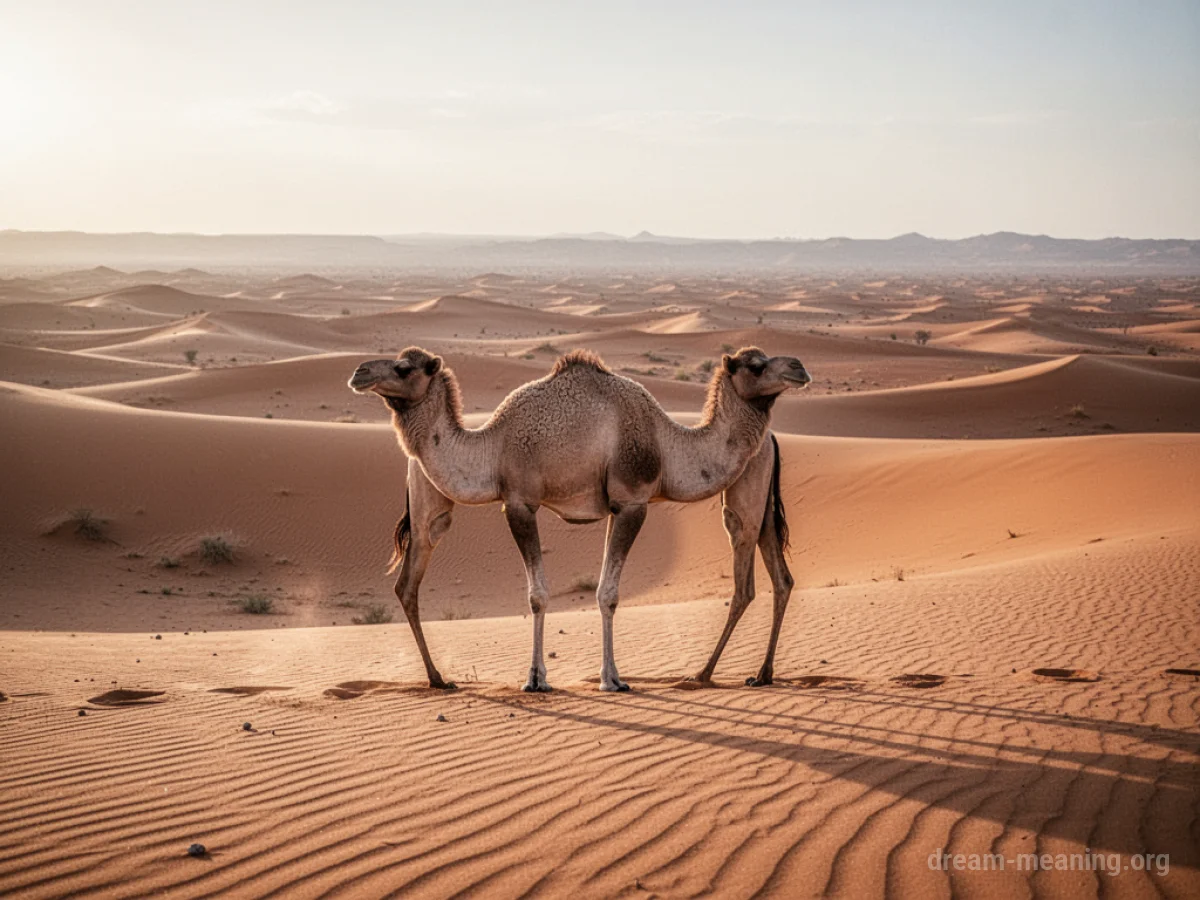 A camel traversing a wide desert with sand dunes under a bright sky.