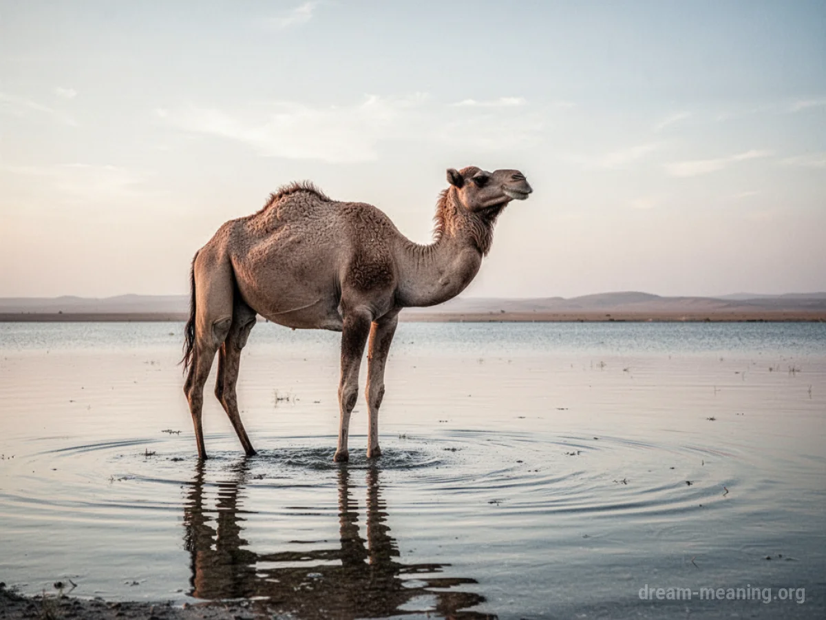 A camel stands in calm water.