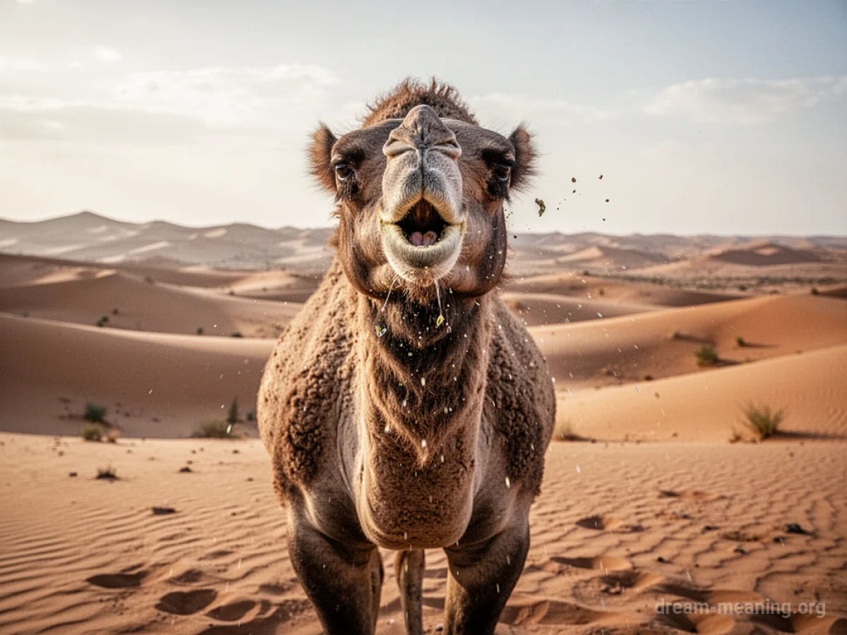 A camel in a desert with its head lowered and mouth open.