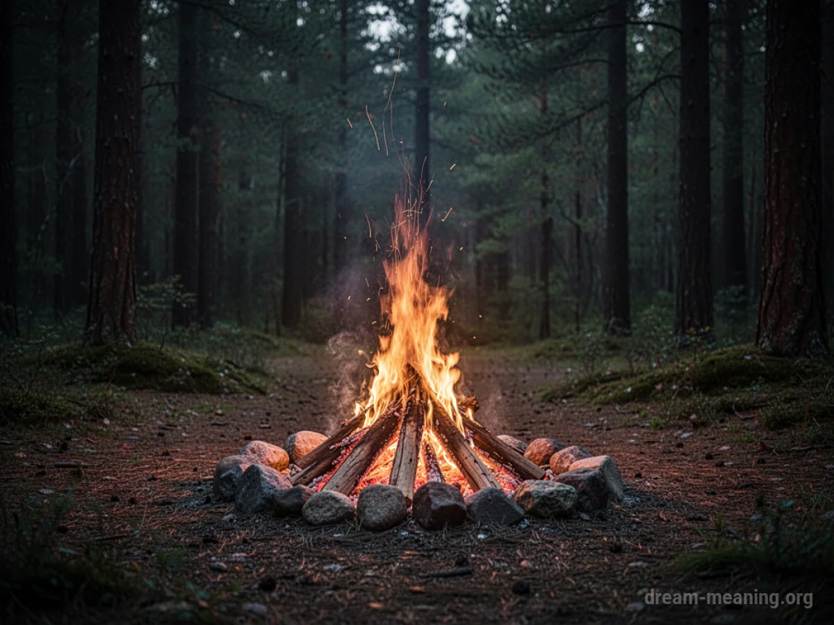 A single campfire glowing in a dark forest.