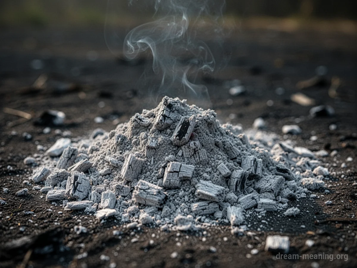 A mound of grey ash on dark earth.