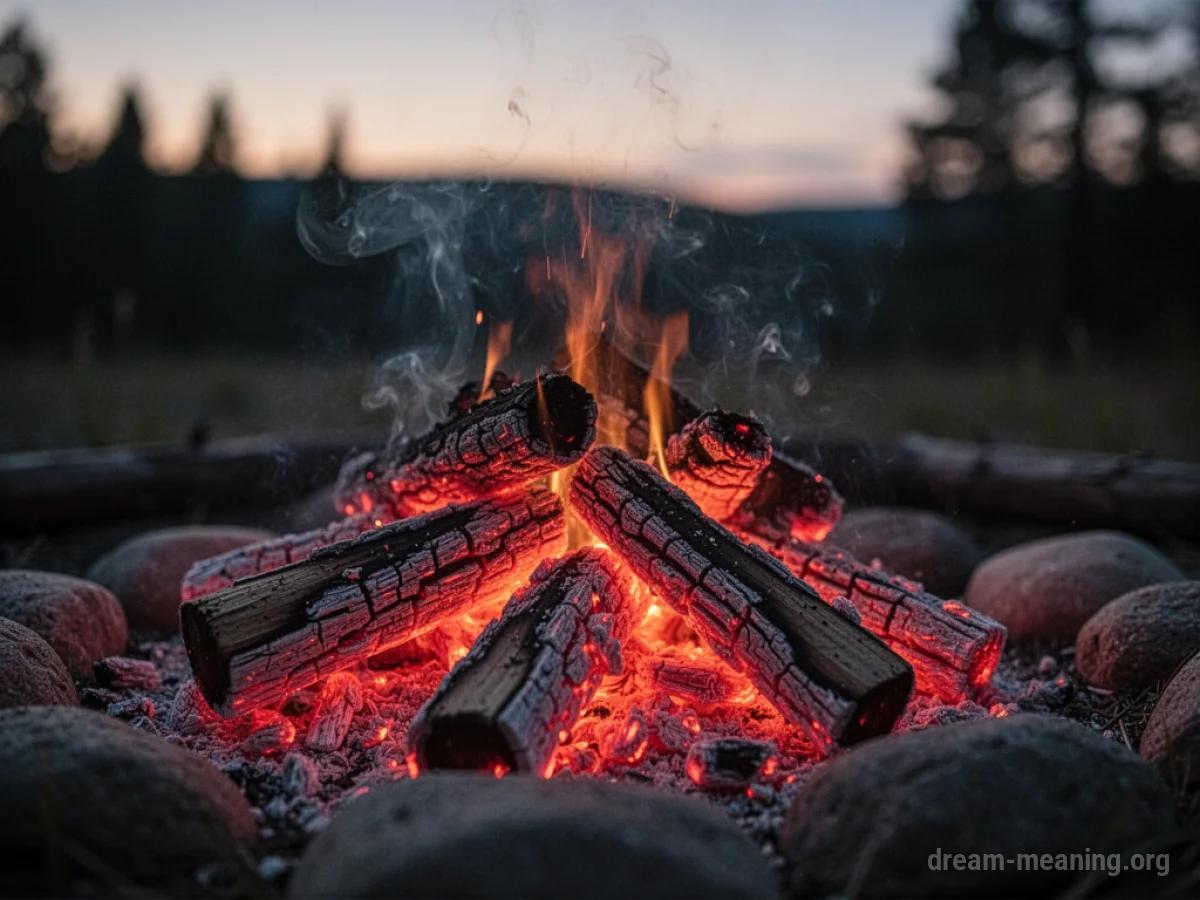 Close-up of glowing red campfire embers.