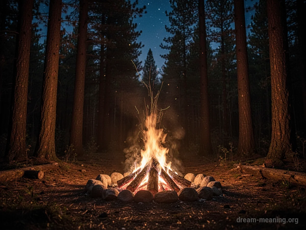 A campfire burns brightly in the middle of a dark forest.