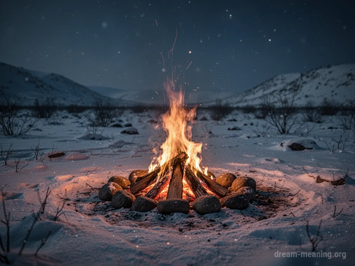 A lone campfire glowing in a vast, snow-covered field at night.