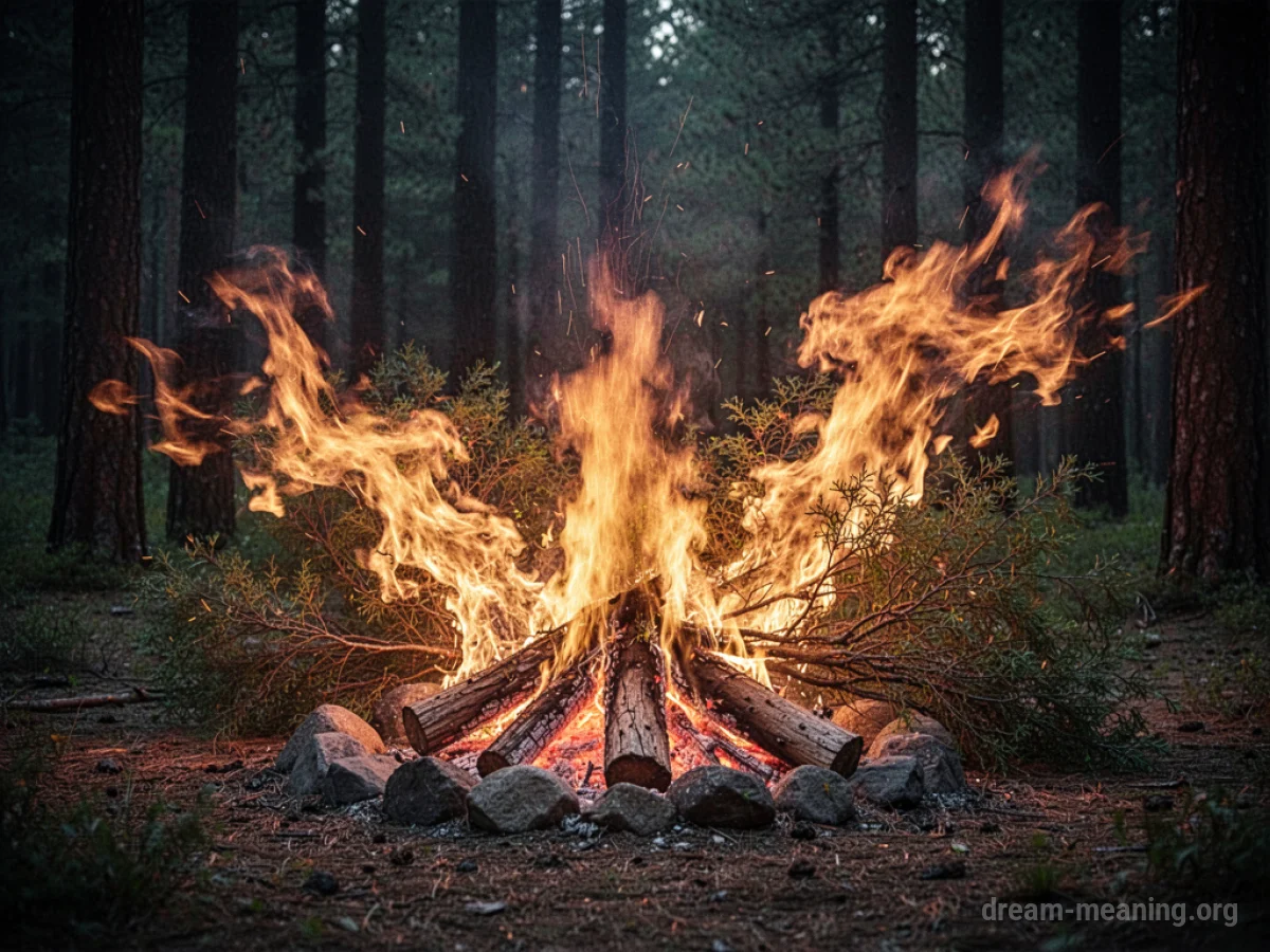 Flames from a campfire spreading outwards into surrounding dry grass and small trees.
