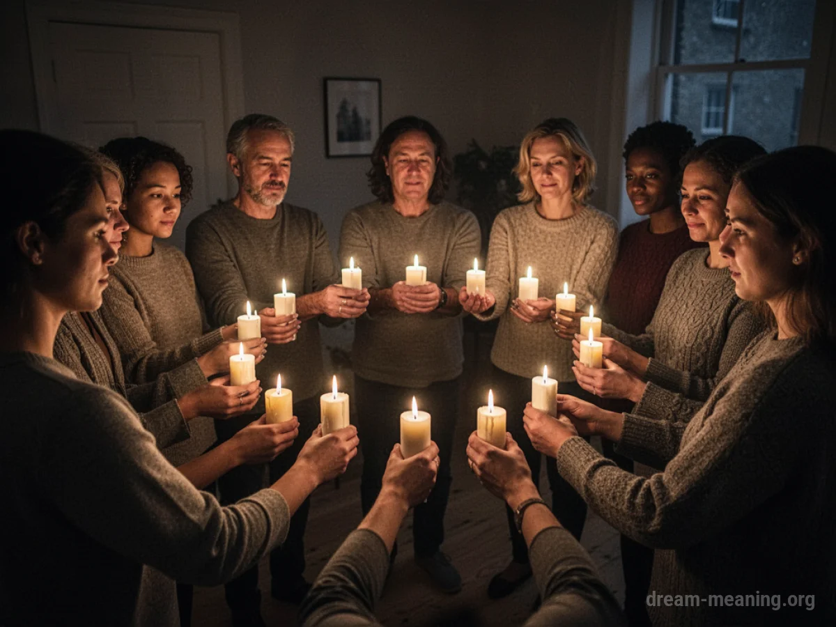 People holding lit candles in a circle, illuminated by the flames.