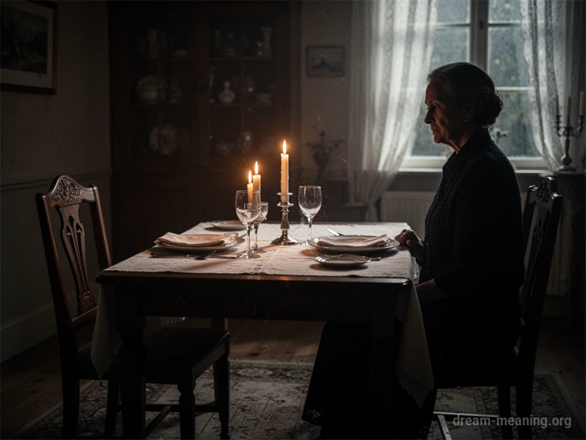 A candlelit dinner table with one silhouette seated and one empty chair.