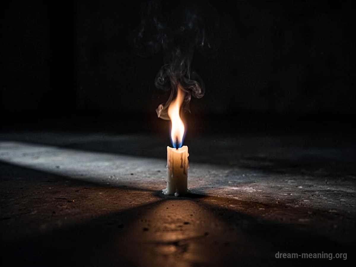 A solitary candle flame wavering in complete darkness.