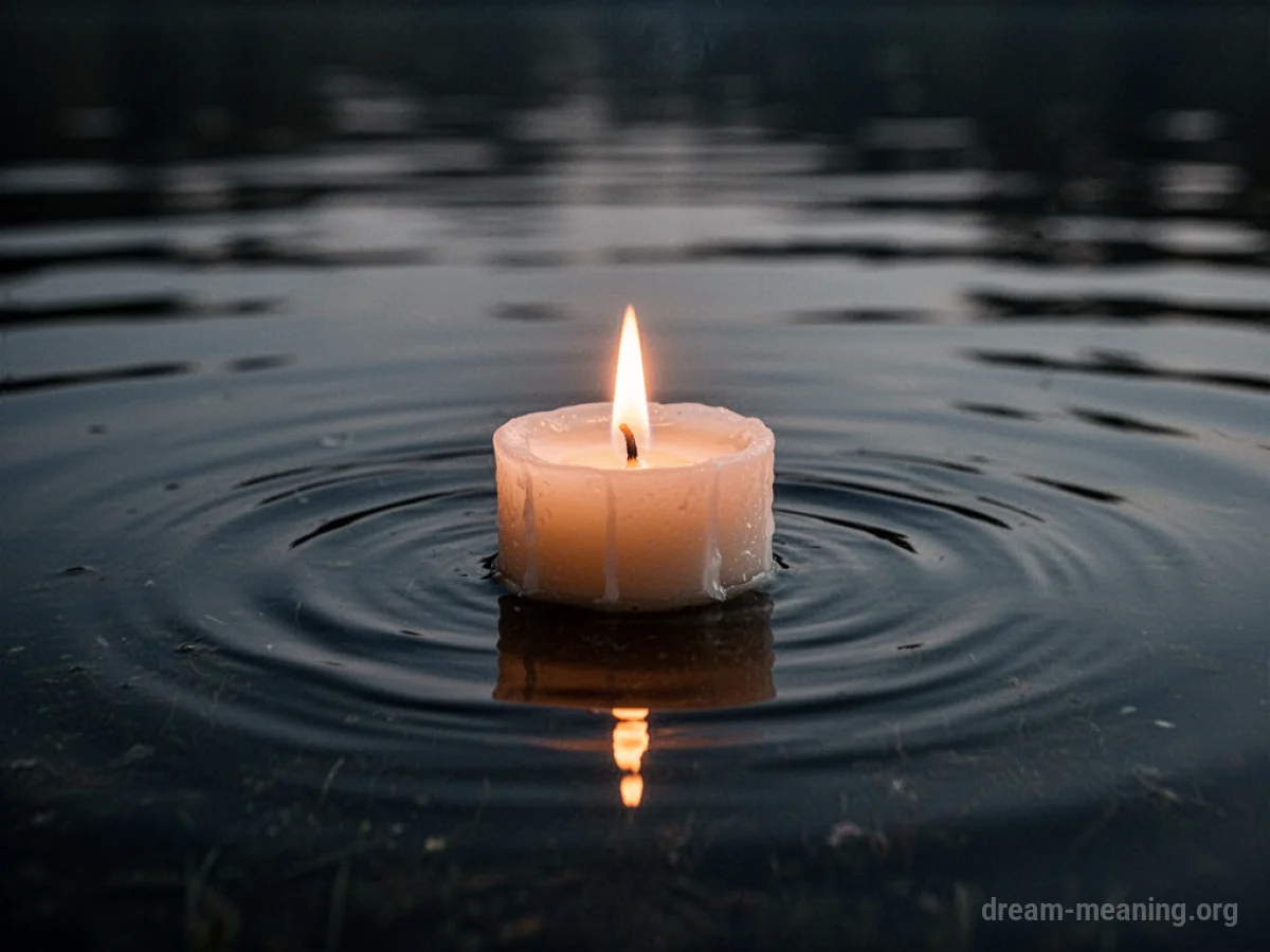 A lit candle floats on dark water.