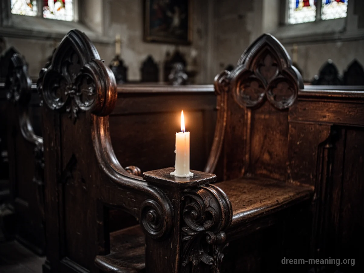 A solitary candle burning inside a darkened church.