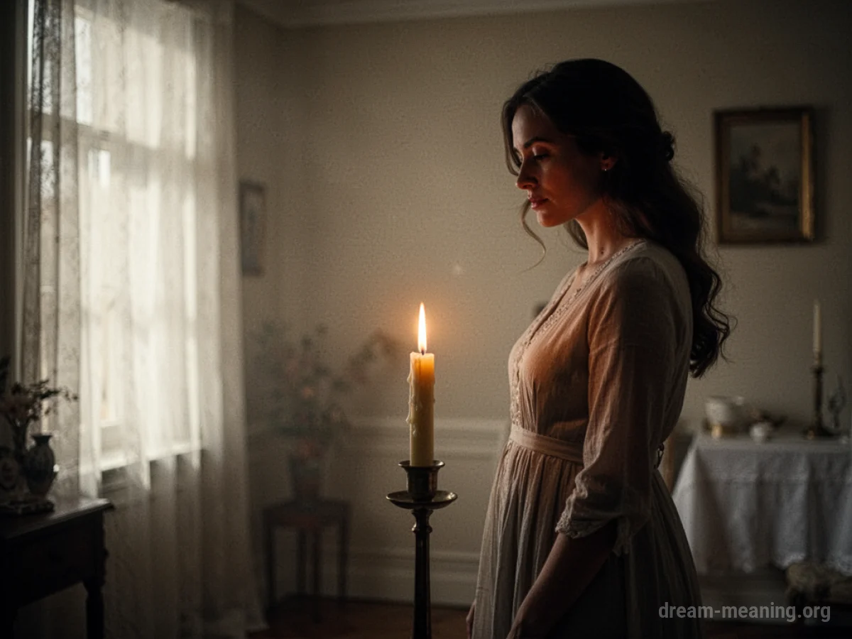 A silhouette of a woman standing near a single lit candle.