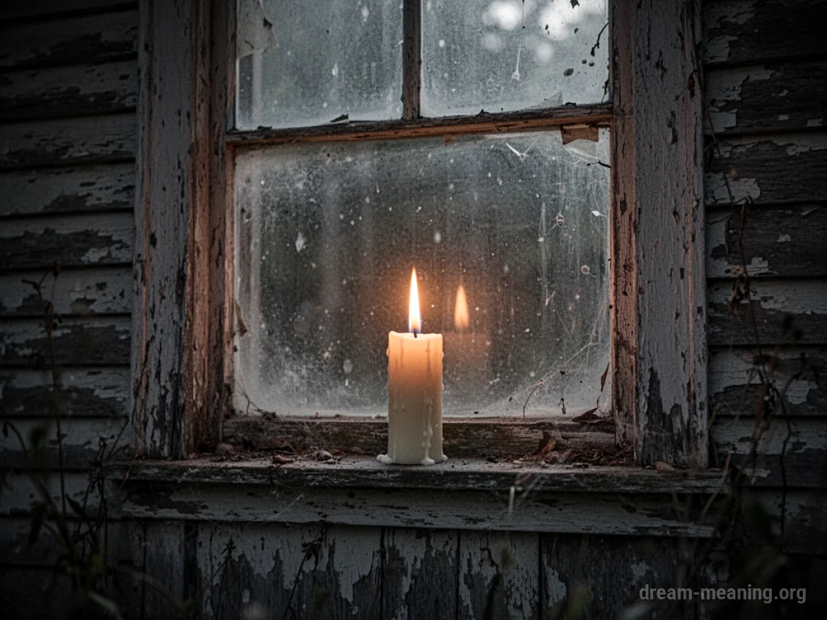 A single candle glowing in the window of an aged, dark house.