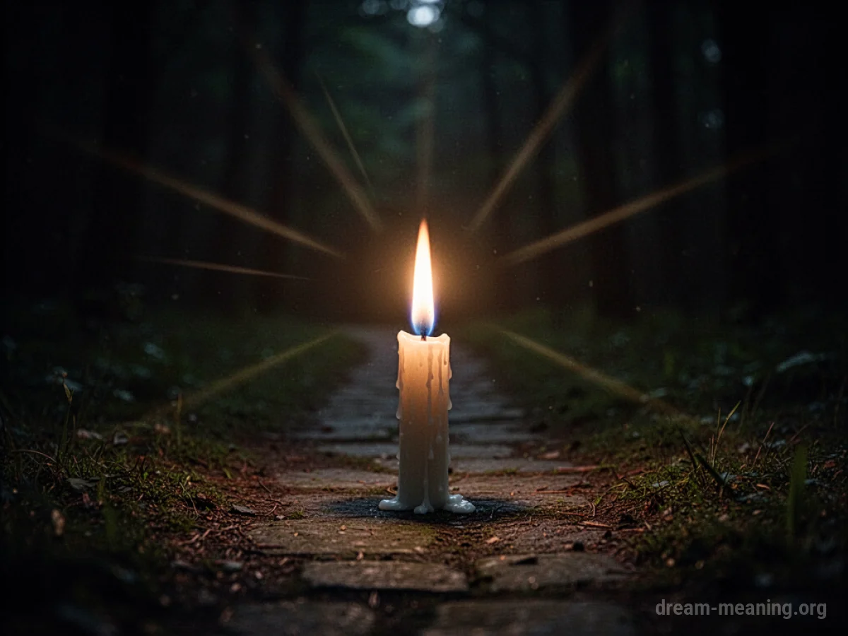 A single candle flame glowing and casting light on a dark path.