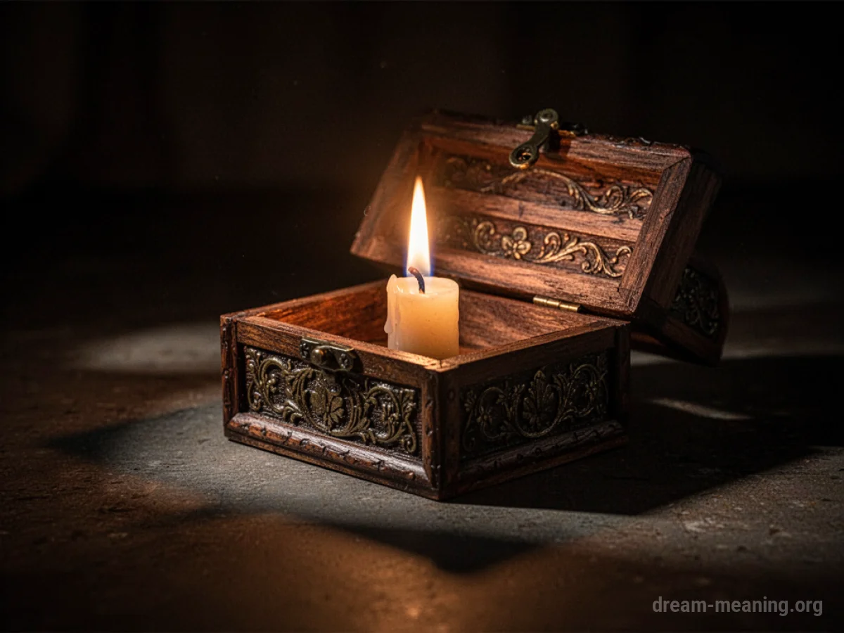 A candle illuminates an open wooden box in a dark room.