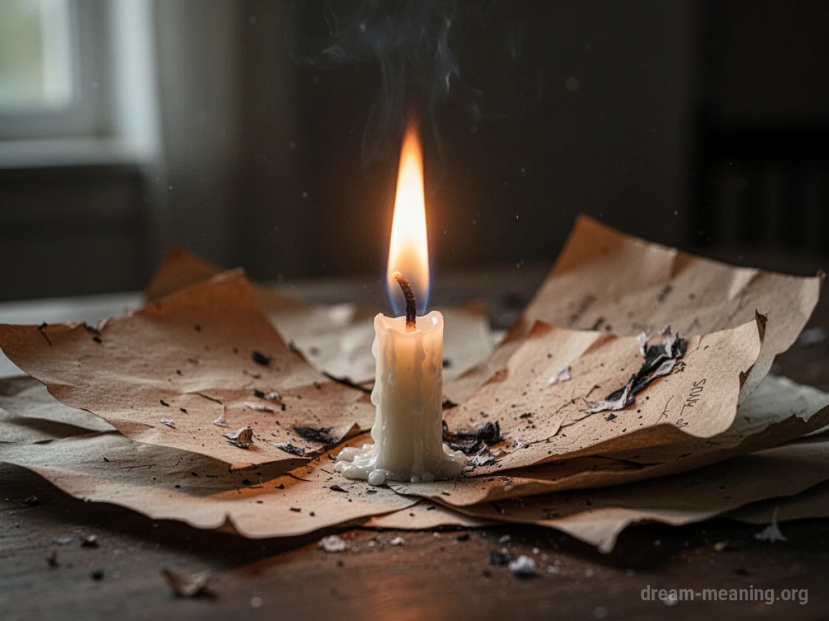 A candle flame igniting a pile of paper.