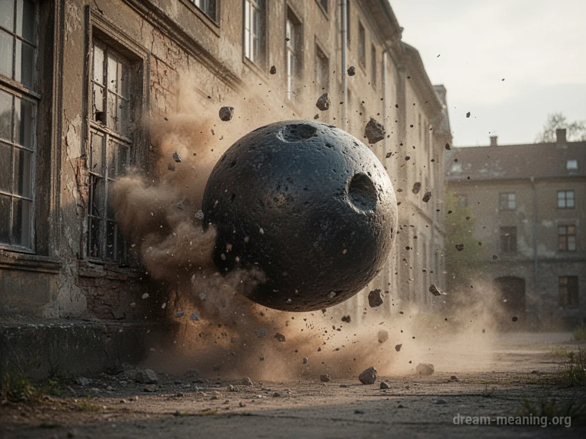 A cannonball striking a building, causing structural damage and debris.