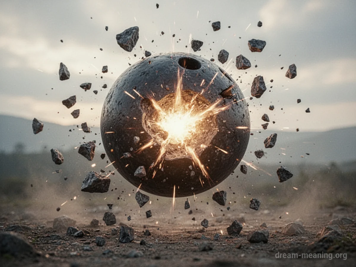 A cannonball shattering into pieces with a bright light at its core.