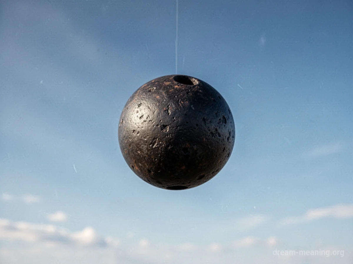 A cannonball hanging in the air against a blue sky.