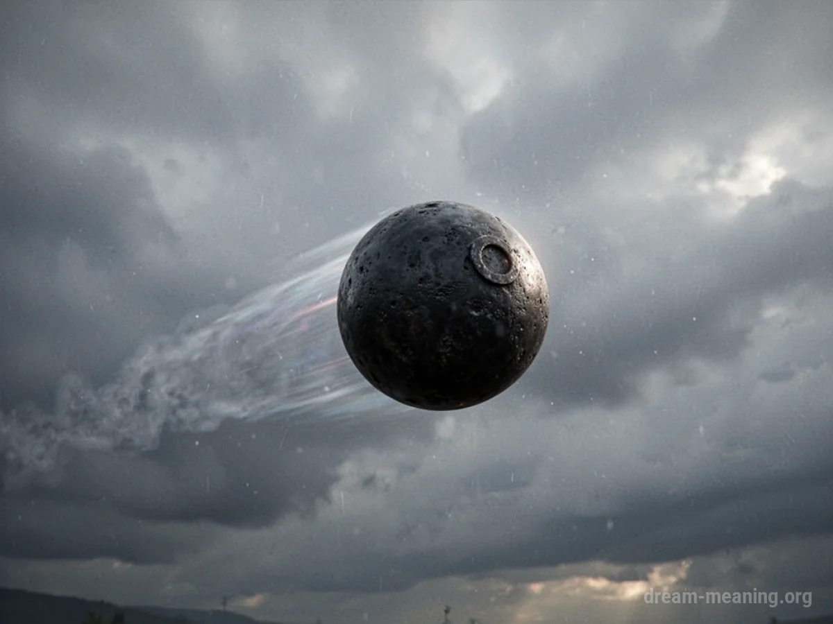 A cannonball in mid-air against a cloudy sky.
