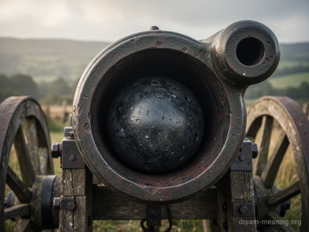 A cannonball inside the barrel of a large cannon.