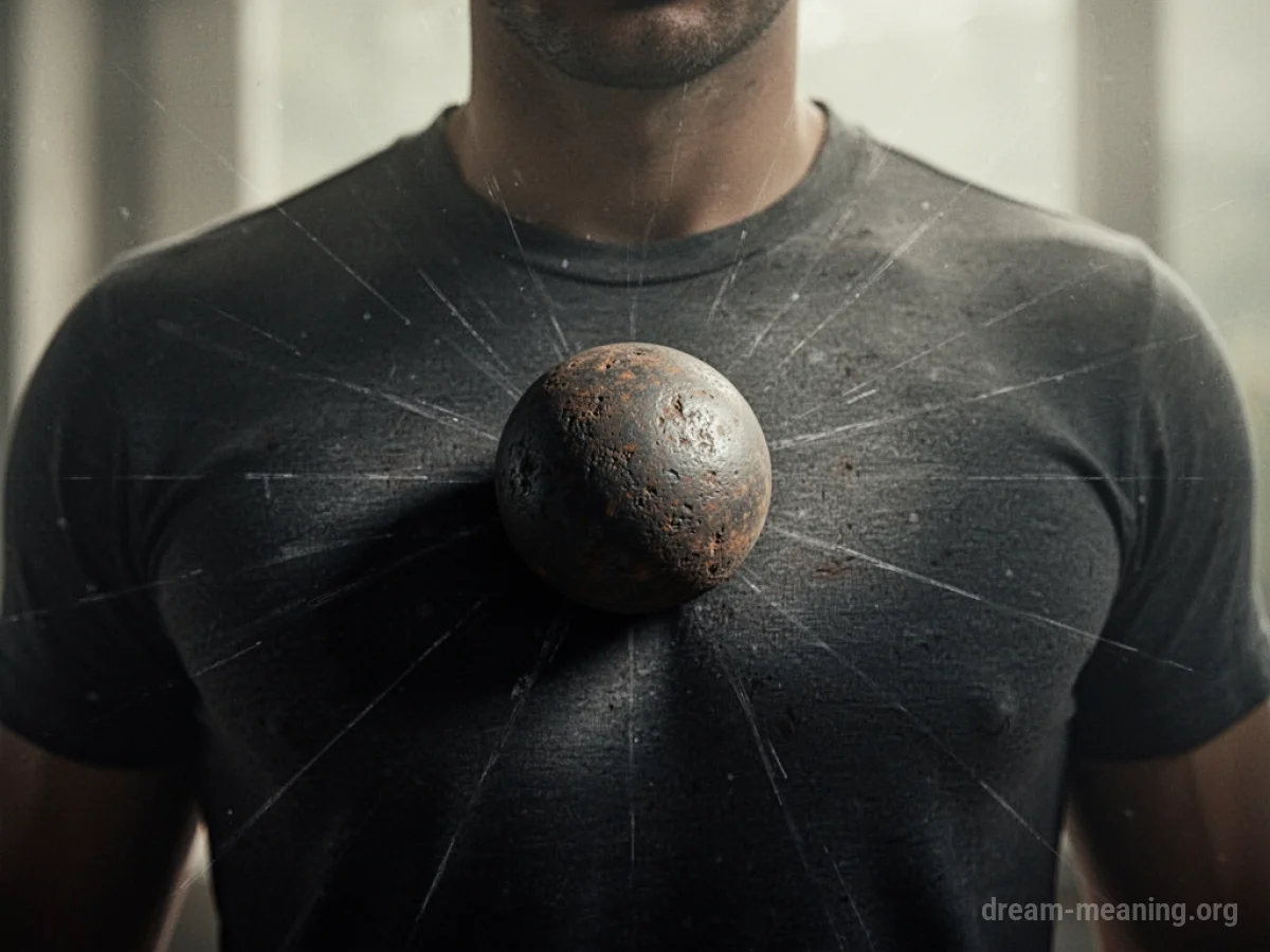 Silhouette of a person with a cannonball visible against their chest.