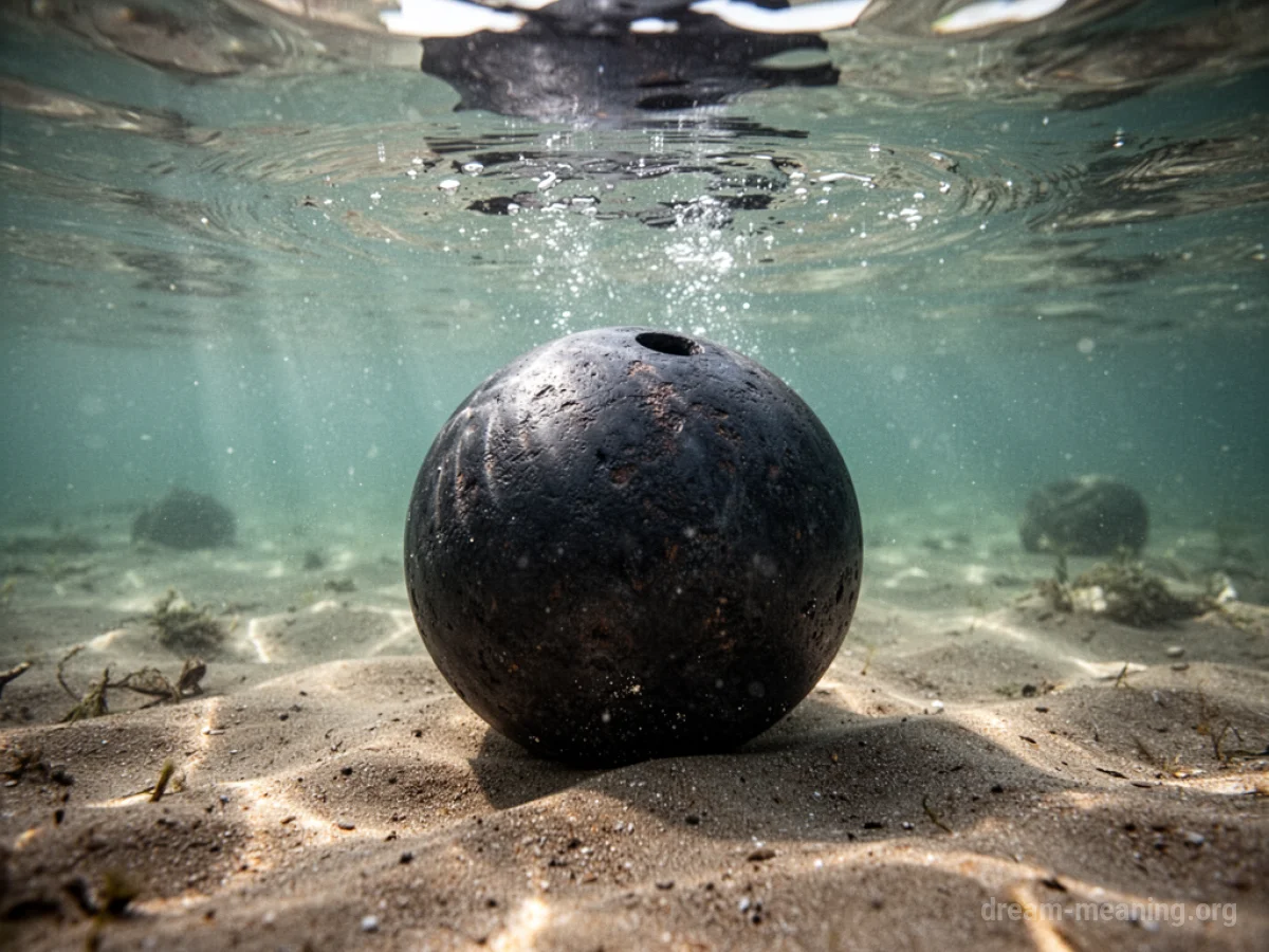A cannonball submerged in clear water on a sandy seabed.