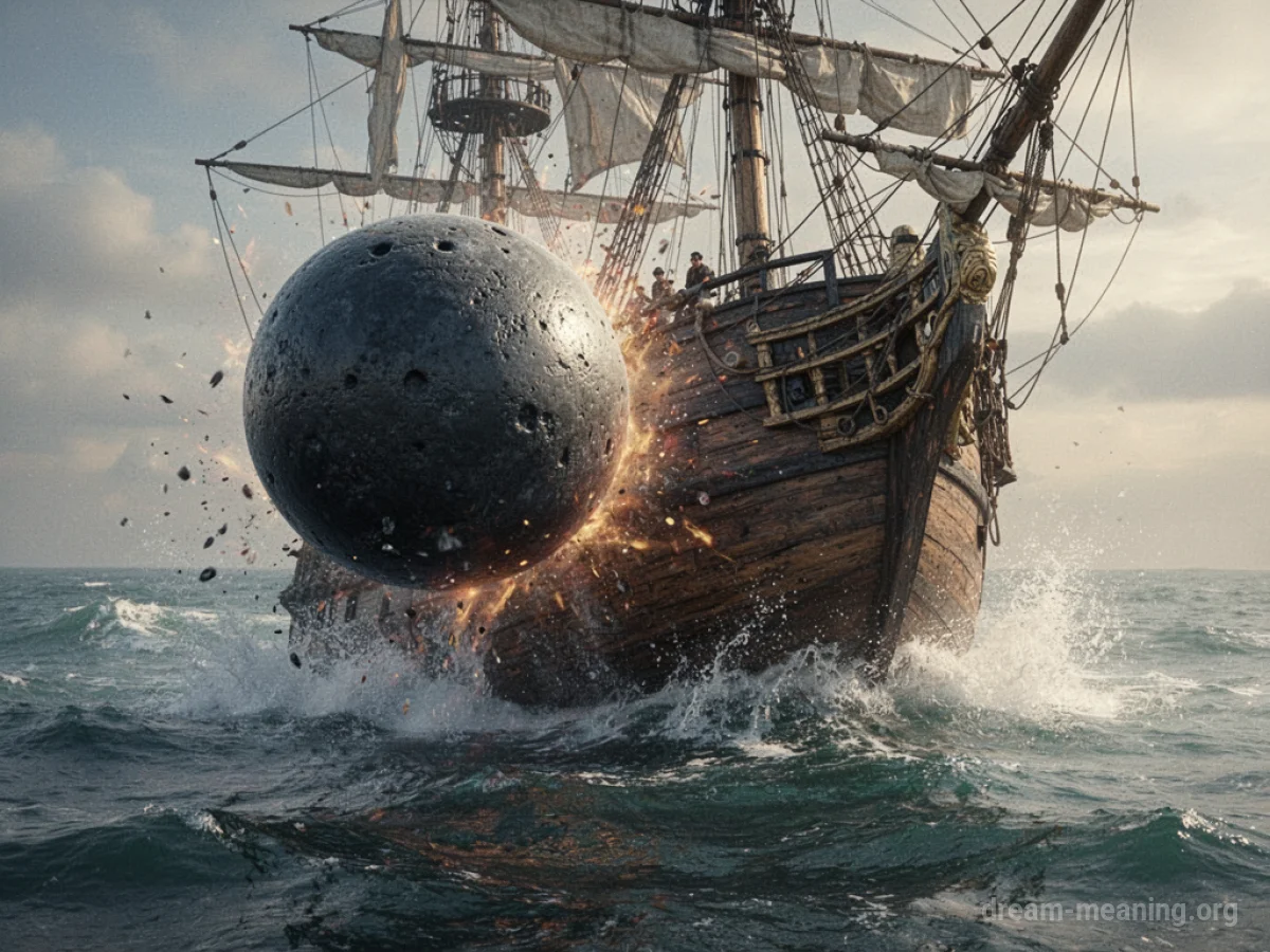 A cannonball impacts a ship's hull, causing damage and flooding.