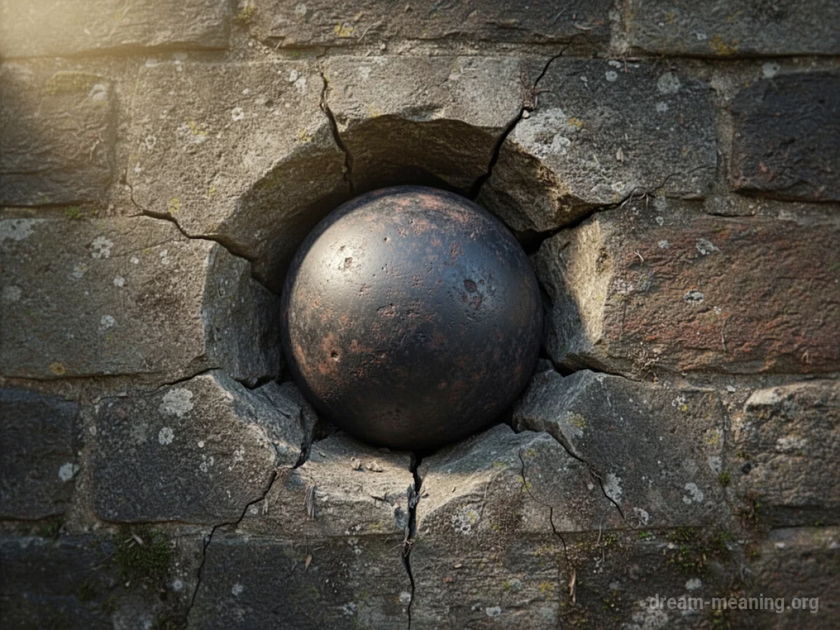A cannonball embedded in a cracked stone wall.