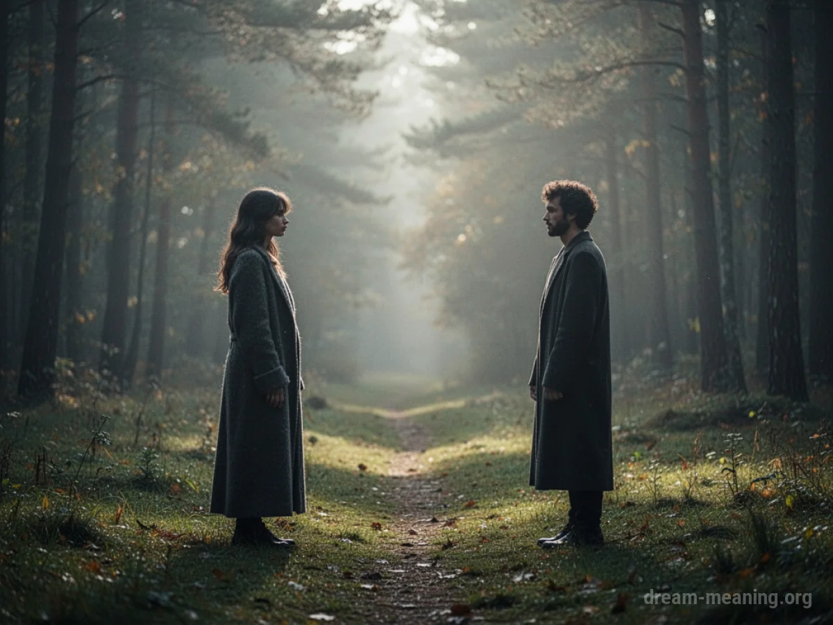 Two silhouetted figures standing with a wide empty space between them.
