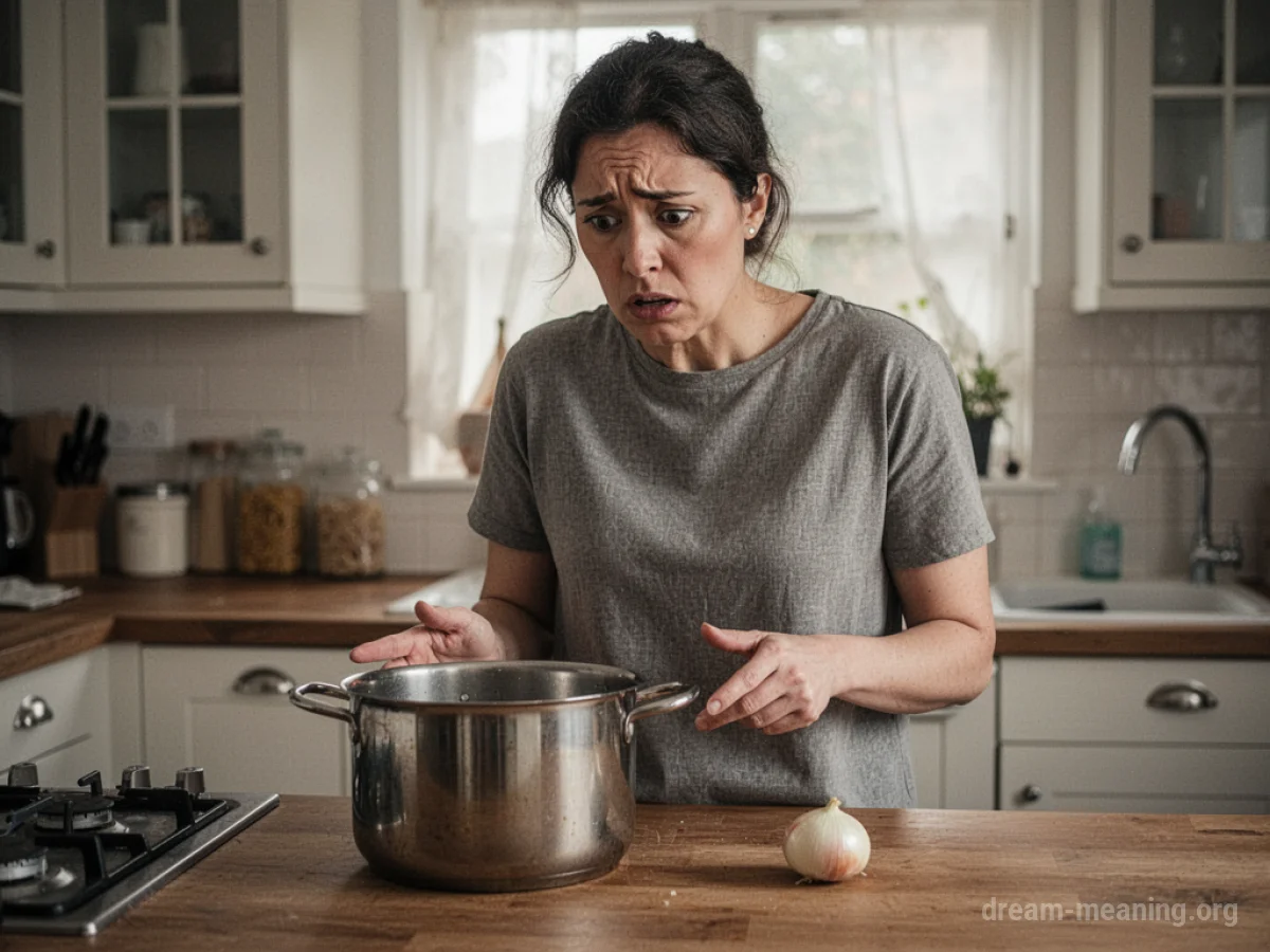A person looking confused at a pot and an uncooked ingredient in a kitchen.