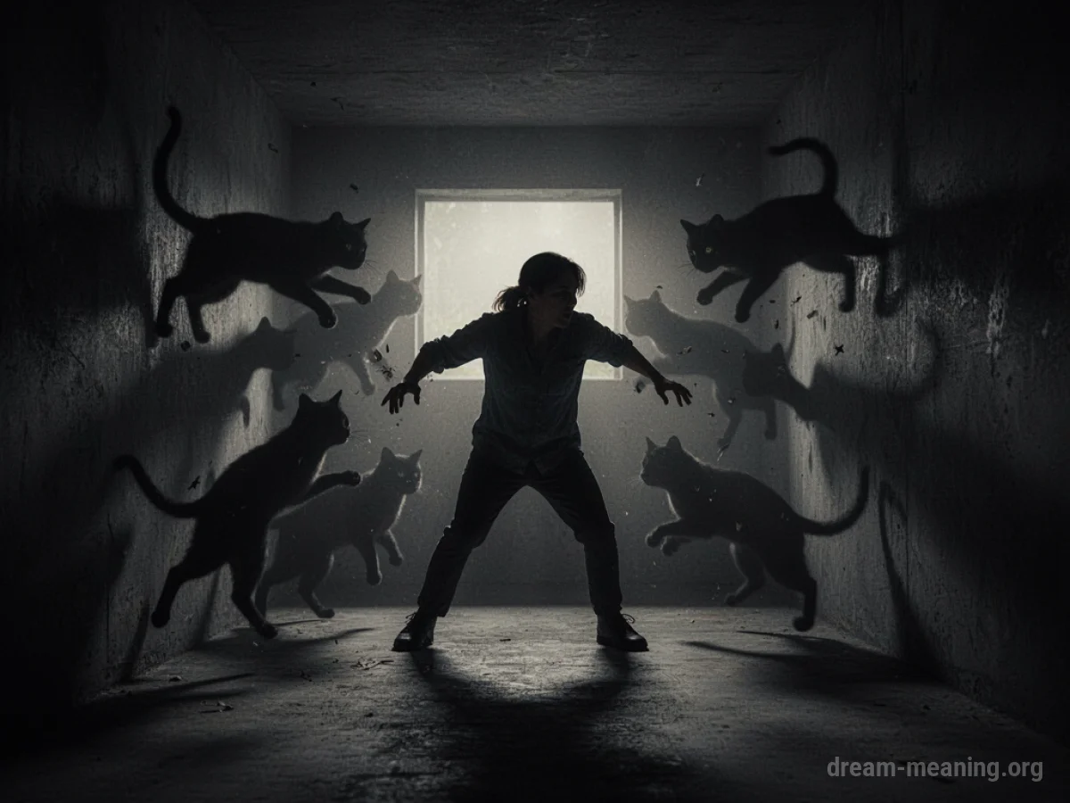 Silhouette of a person cornered by shadowy cat figures.