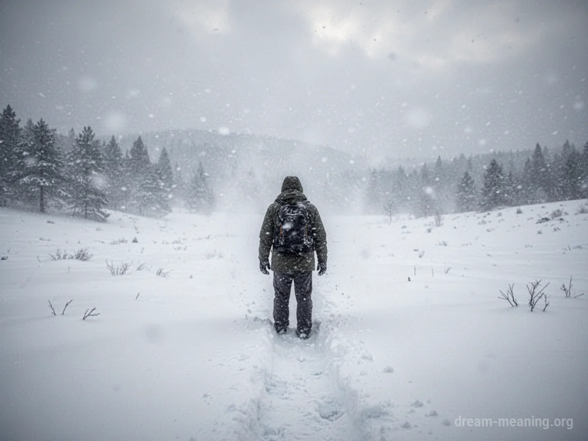 A person surrounded by a swirling snowstorm in a barren, frozen landscape.