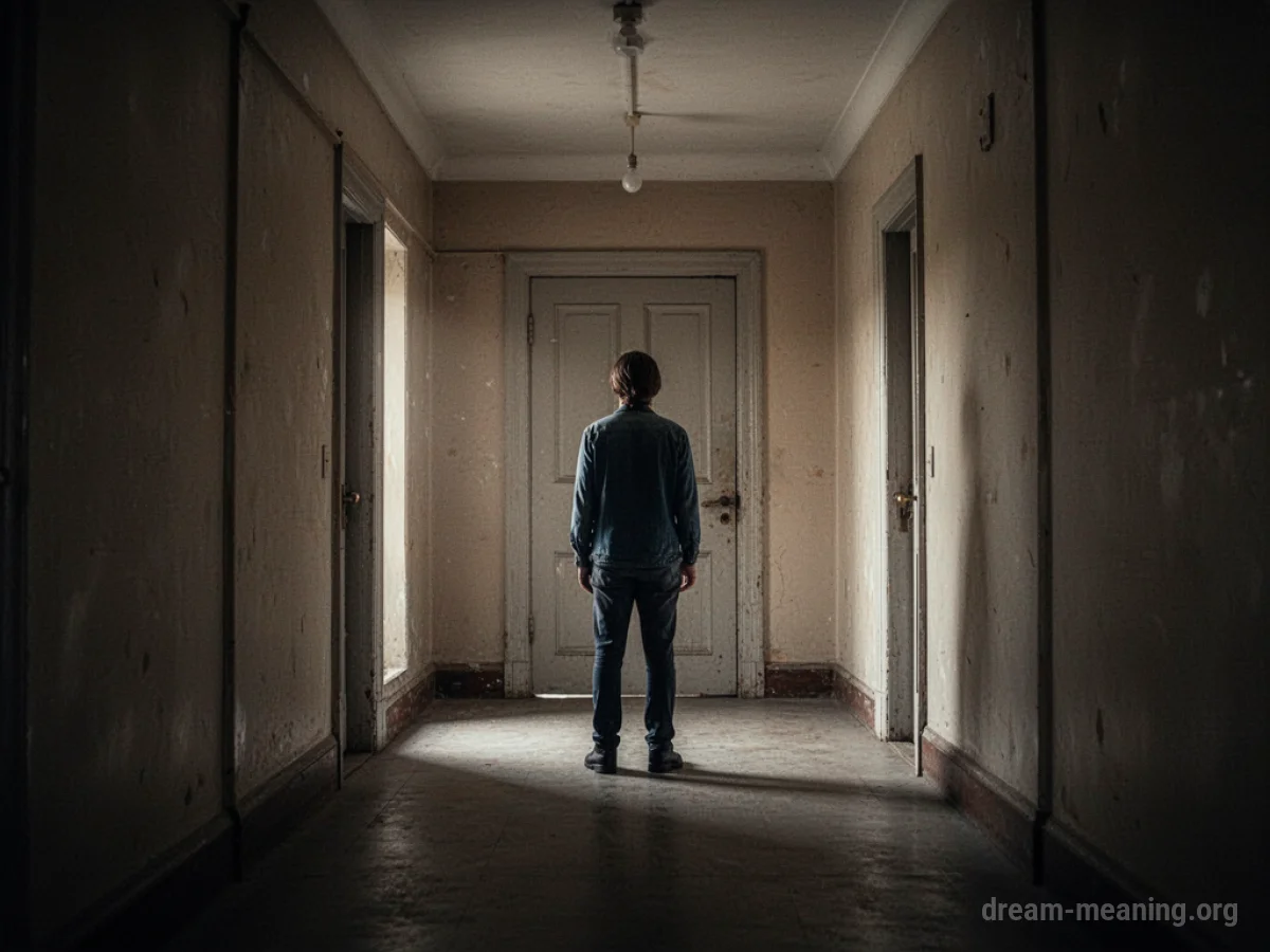 A person stands at the end of a dark corridor facing a closed door.