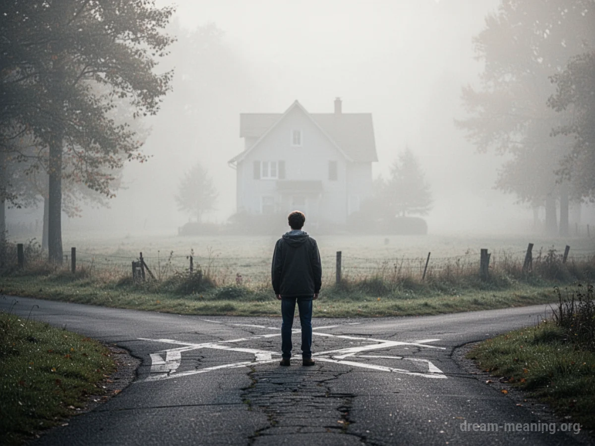 A person stands at a junction of paths, looking toward a distant, unclear outline of a house.