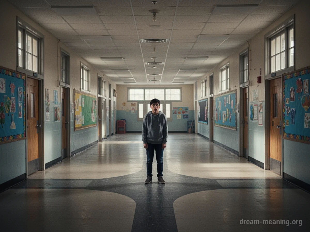 A person standing in a confusing maze of school hallways.