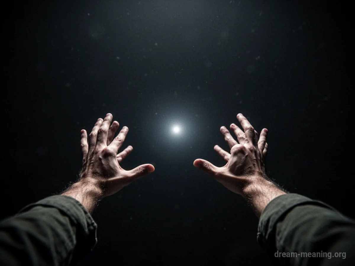 Hands reaching towards a dim light in darkness.