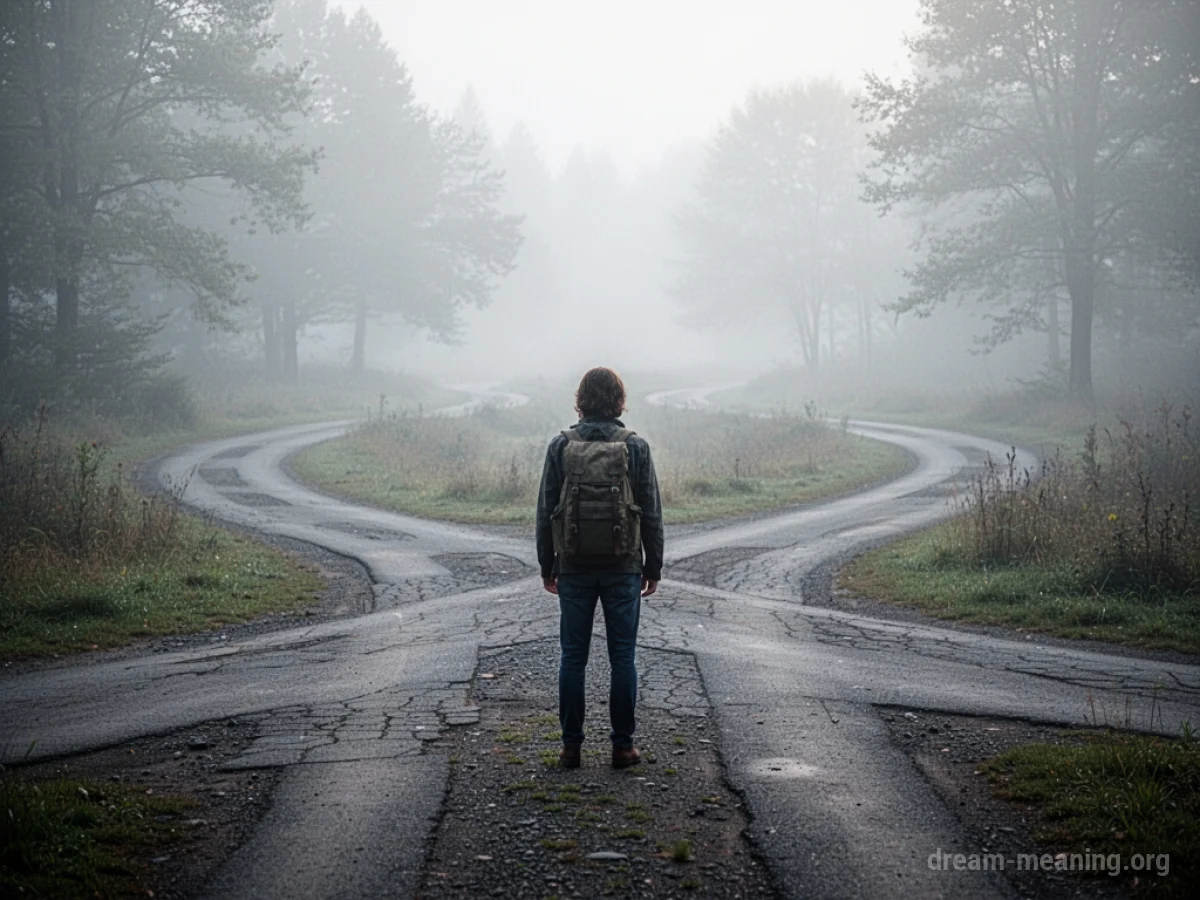 A person stands at a foggy crossroads with many paths.