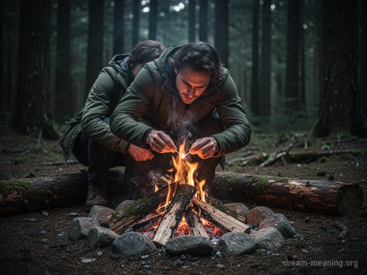 A person's hands trying to ignite kindling for a campfire with a match.