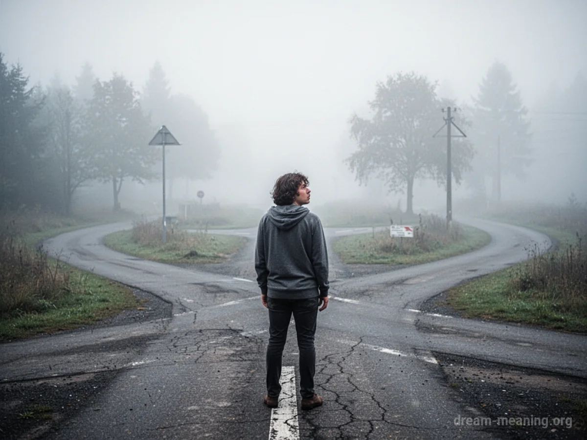 A person standing at a branching path in a foggy landscape.