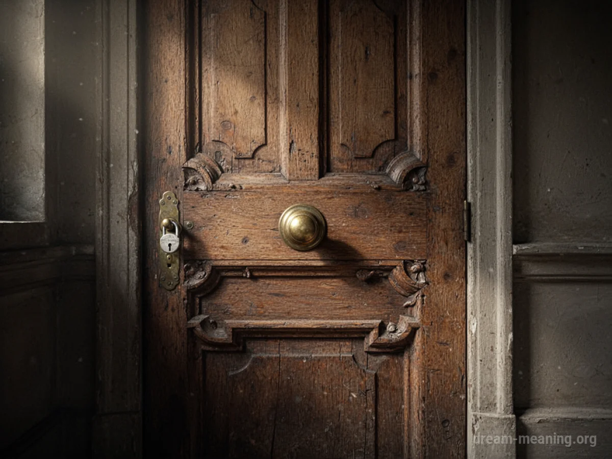 A closed wooden door with a doorknob in dim lighting.