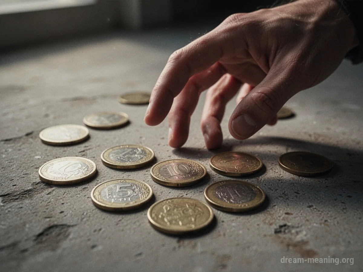 A hand attempting to gather scattered coins on a flat surface.