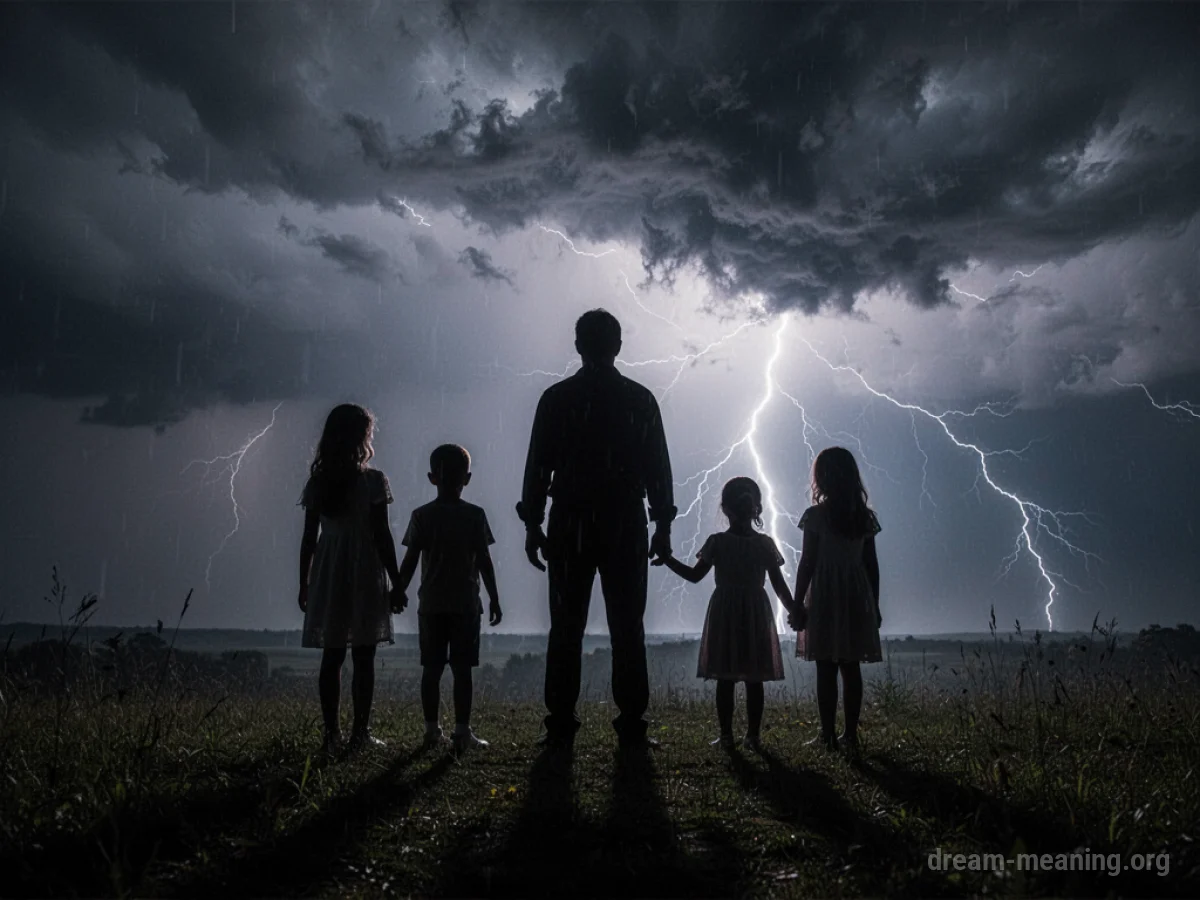 A faint silhouette of a person shielding a family silhouette from a dark, approaching storm.