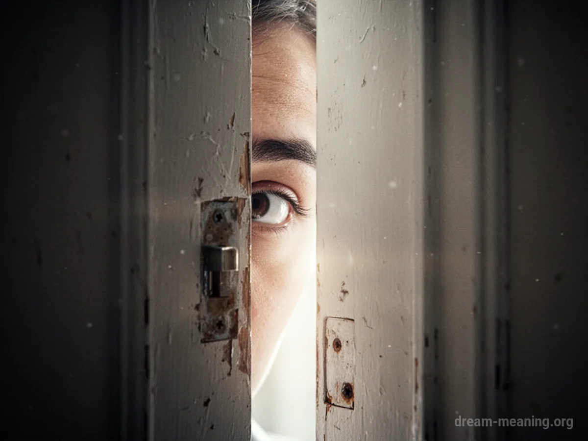 An eye looking through a gap in a door.