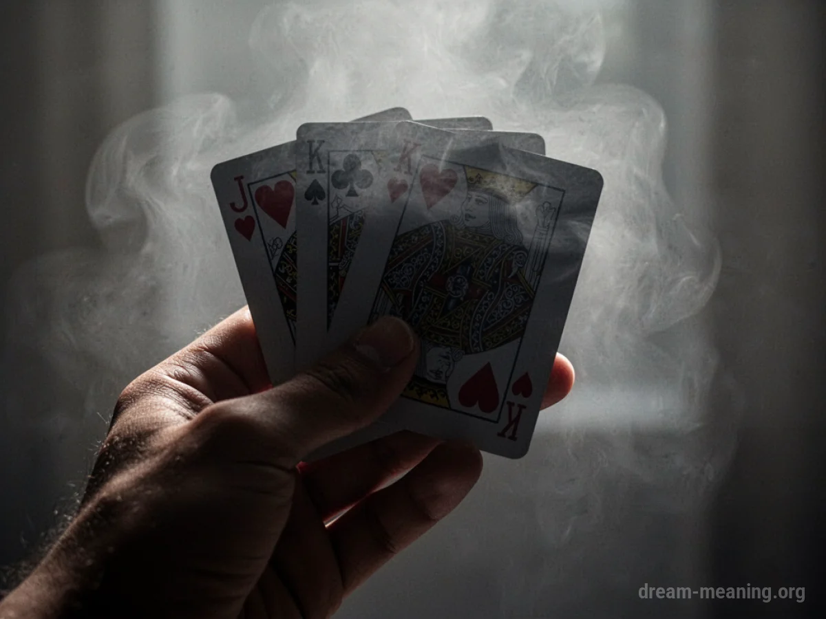 A hand holding playing cards with obscured faces.
