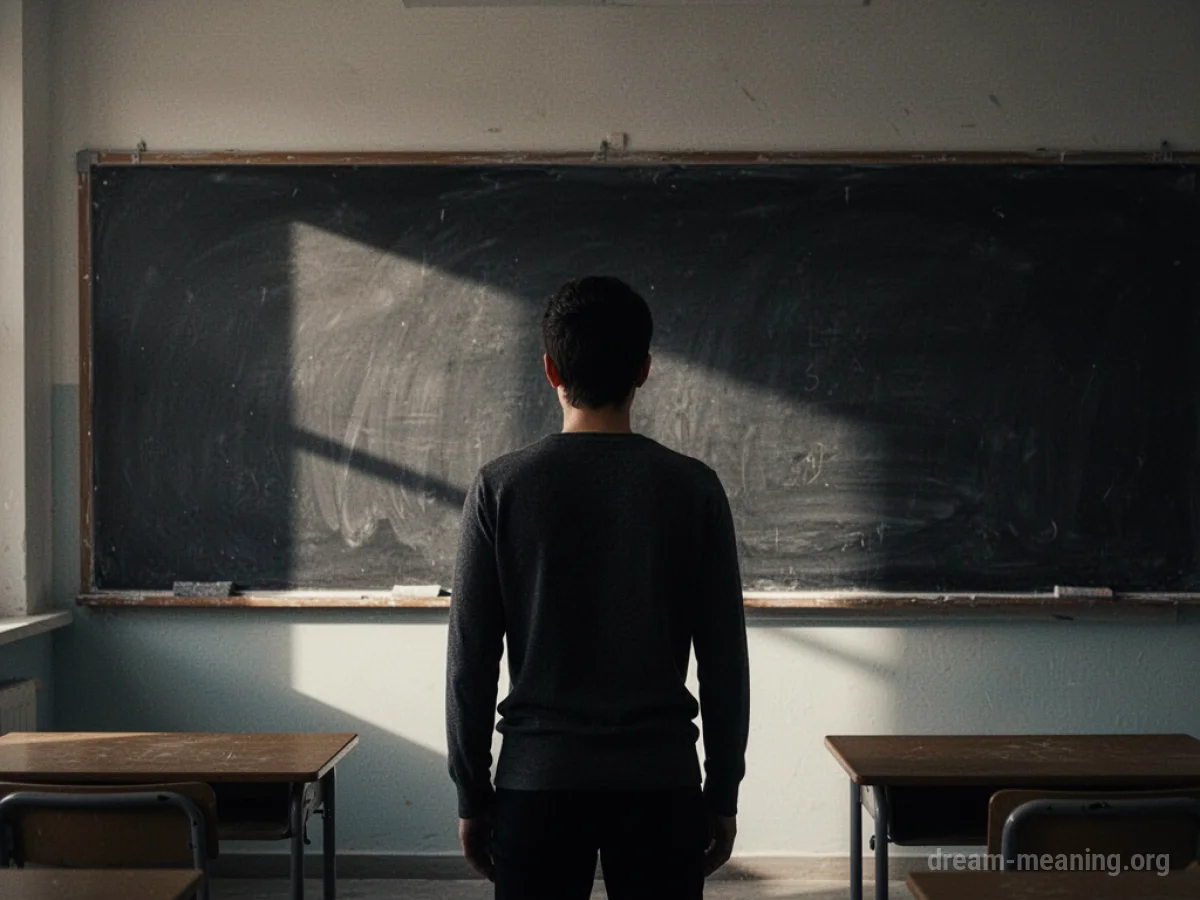 Silhouette of a person standing before a classroom blackboard.