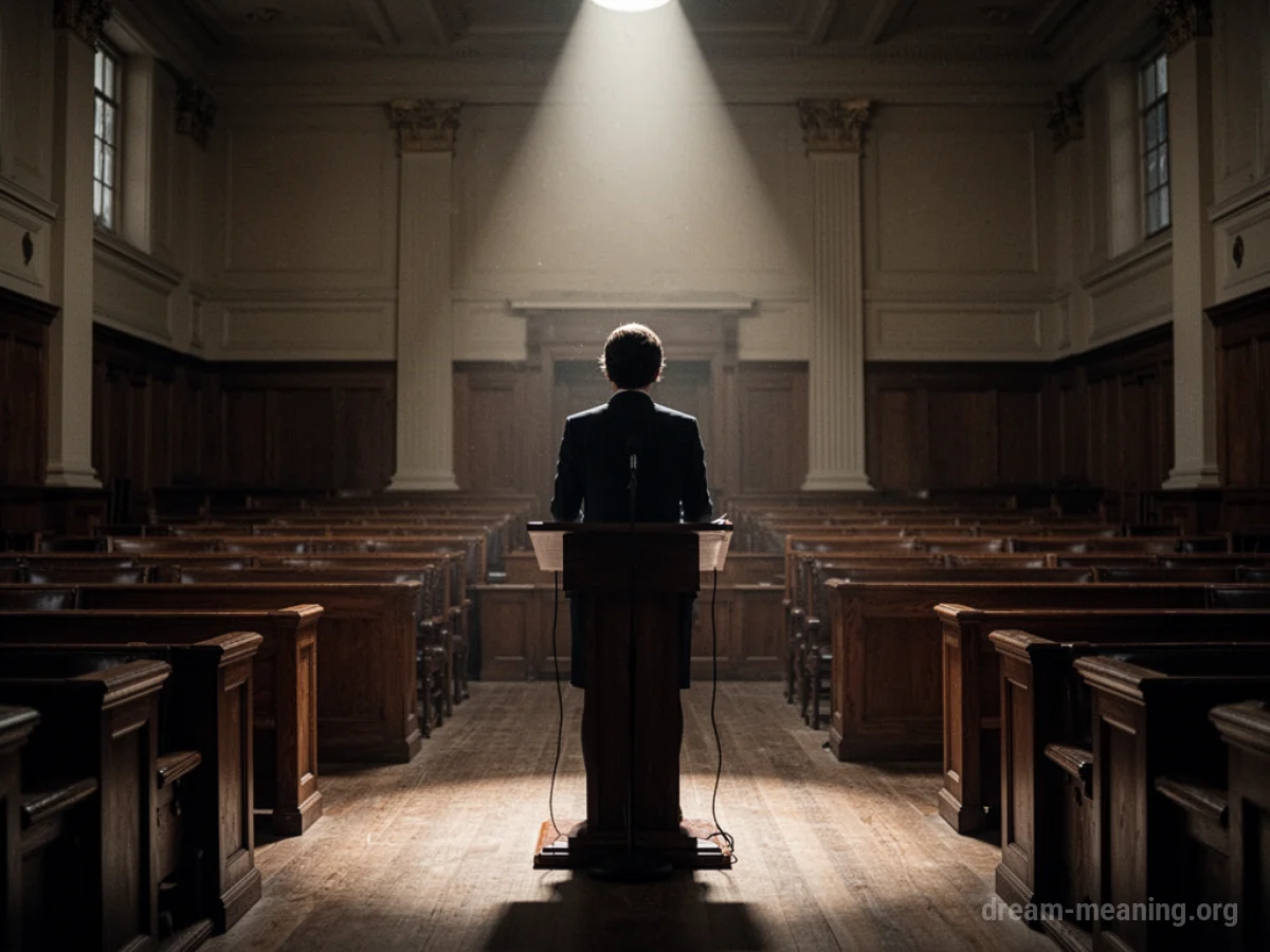 Silhouette of a person at a podium in a spotlight within a courtroom.