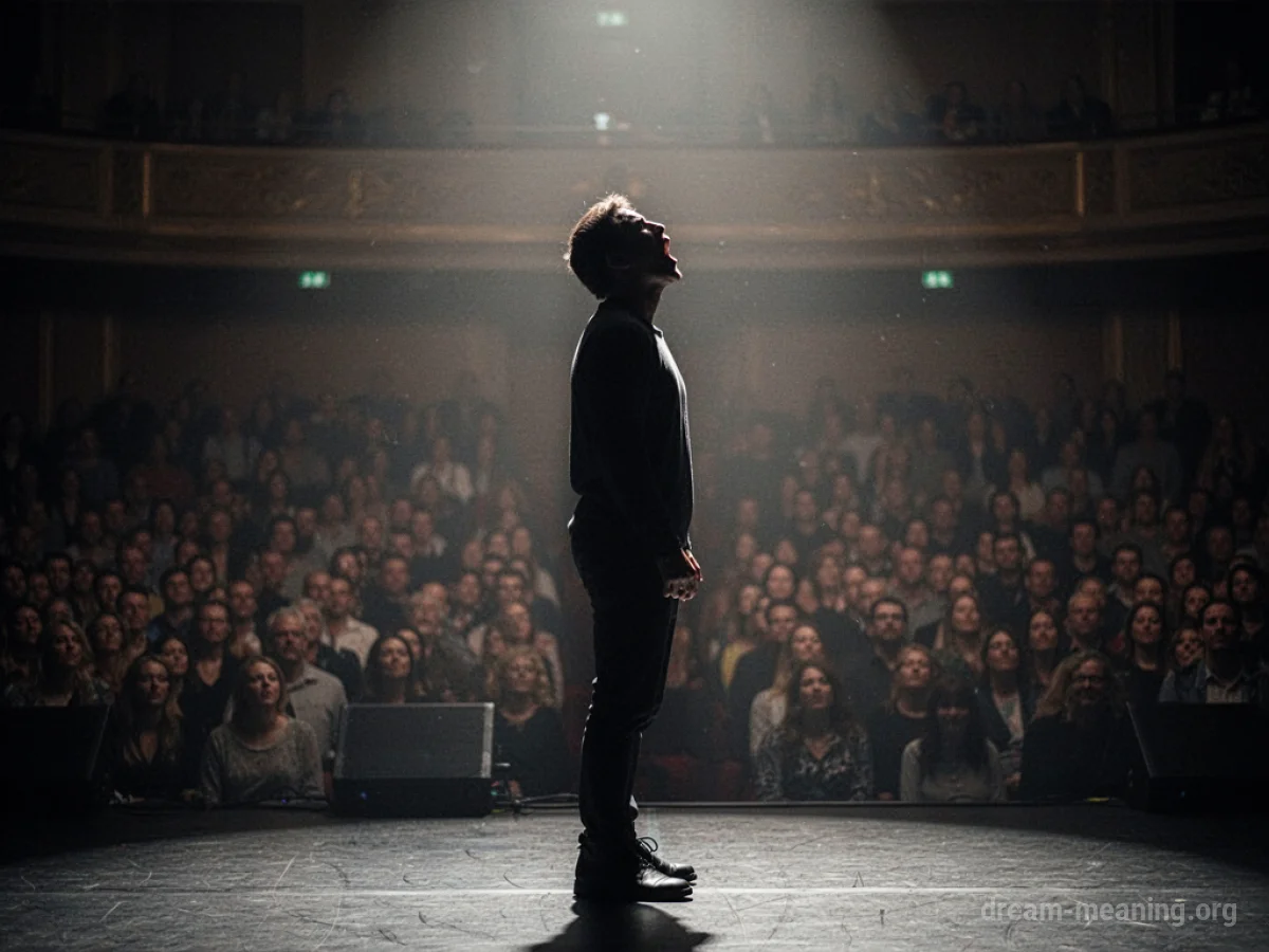 Silhouette of a person on a stage with their mouth open.
