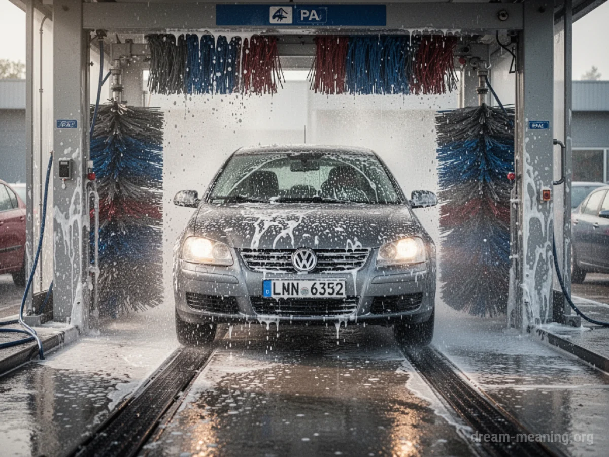A car being washed by brushes and water jets, moving forward without driver input.